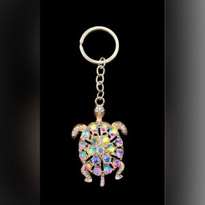 Gold Tone Keychain Bag Charm Turtle & Iridescent Rhinestones On Shell New